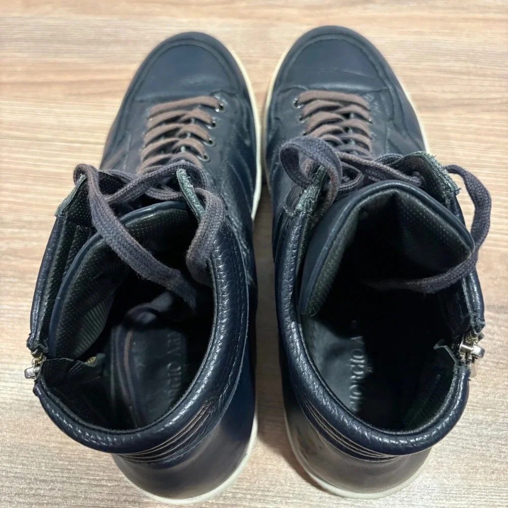 Giorgio Armani Leather High Top Sneakers Mens Navy Blue Size 9.5 Side Zip X2Z005